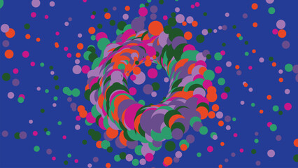 Fototapeta premium Dynamic donut shape formed by scattered colorful circular dots in various sizes over deep blue background creating festive celebration backdrop.