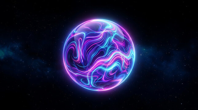 Neon glowing planet sphere in dark outer space