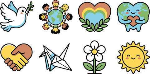 Fototapeta premium Cute hand drawn inclusivity icons set featuring peace symbols and happy characters