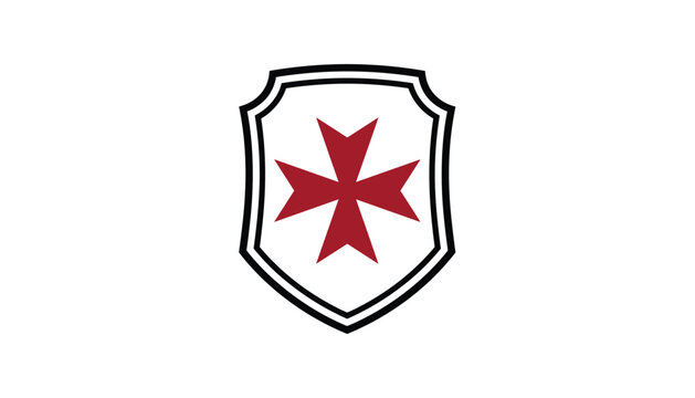 Historical white medieval shield decorated with a red Maltese cross symbol of templar or crusader order.