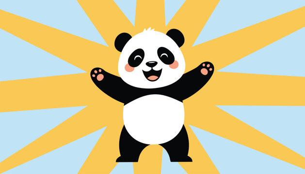 Happy cartoon panda character standing with open arms against a blue background with radiating yellow sunbeams.
