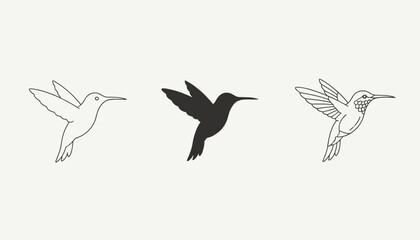 Obraz premium Hummingbird vector design set featuring clean outline silhouette and detailed graphic illustrations of a flying bird.