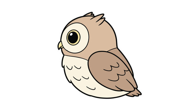 Sweet little cartoon owl with large glossy eyes and soft brown feathers sits quietly, looking adorable in a simple profile view.