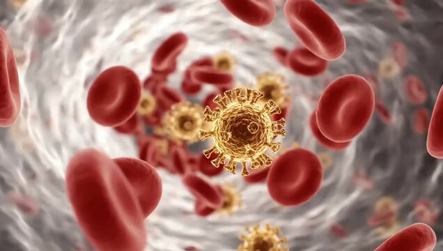 A small number of dengue virus particles drifting quietly among healthy blood cells