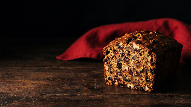 Traditional christmas fruitcake with nuts on a dark wooden table