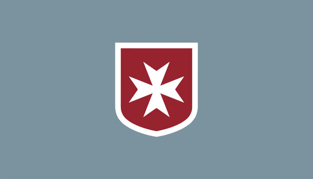 Maltese cross emblem on a deep red shield icon isolated on a neutral greyish blue background, vector illustration.