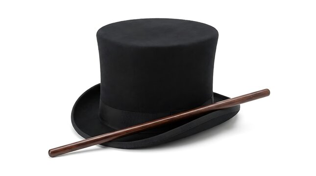 Classic Black Top Hat and Wooden Magic Wand Isolated on White Background.