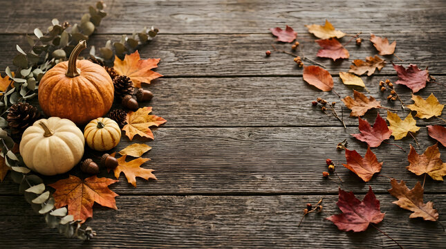 Rustic thanksgiving background featuring colorful autumn leaves and assorted pumpkins arranged on a dark wooden table for a festive holiday season greeting card