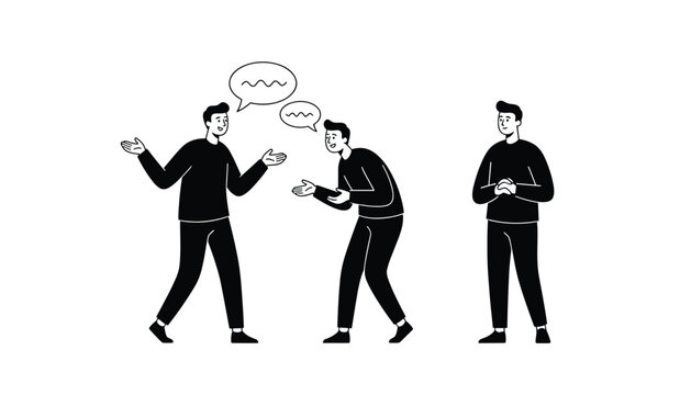 Black and white sketch of three young men talking and laughing together, demonstrating communication and social interaction.