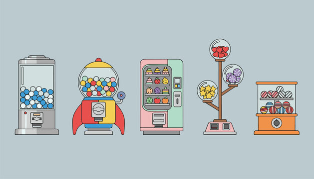 Set of five retro vending and gumball machines in different colors and shapes, filled with candy, toys, and sweets, vector.