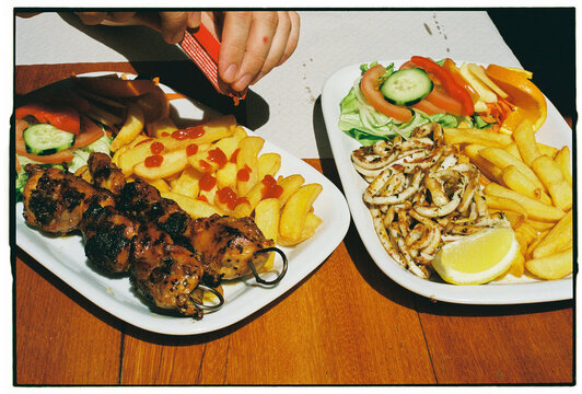 Two Portuguese Meals with Grilled Chicken and Squid, Madeira