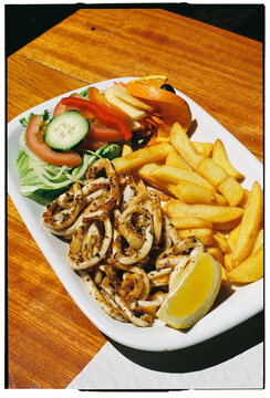Grilled Squid with French Fries and Salad, Jardim do Mar, Madeira
