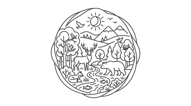 Corporate Nature Themed Minimalist Line Art Circle Seal with Deer Bear Birds Trees and Mountain Landscape in Black and White