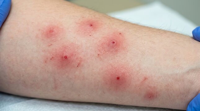 Close up of human arm skin showing multiple infected red lesions and pustules.