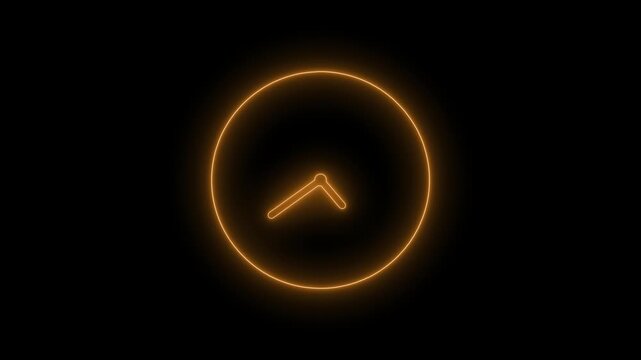Minimal neon clock face glowing simple circular outline with two glowing hands pointing animation