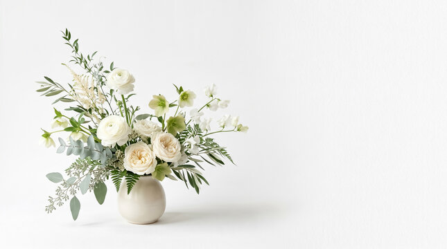 Elegant White Roses and Ranunculus Bouquet in Ceramic Vase on White Background with Copy Space