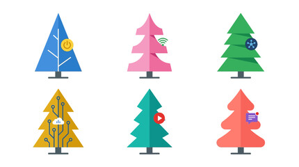 Fototapeta premium Christmas trees in vibrant colors feature distinct technology and internet interface icons on each branch.