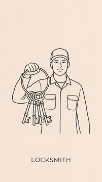 Male locksmith holding ring of keys line art illustration
