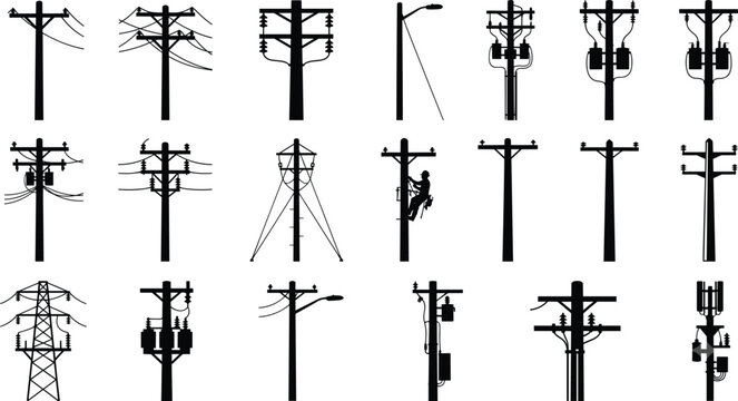 Electrical Utility Pole Silhouette Icons Collection for Power Distribution Infrastructure Vector Set