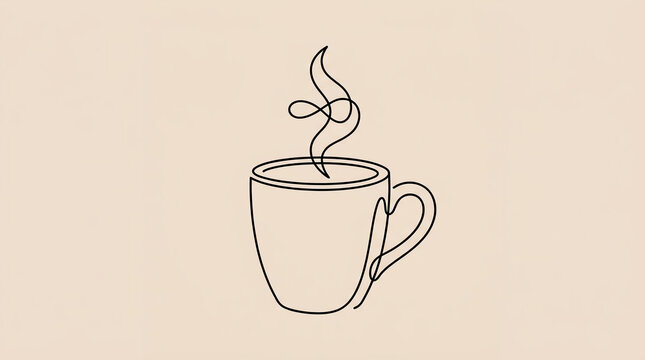 Minimalist line art of steaming hot coffee cup.