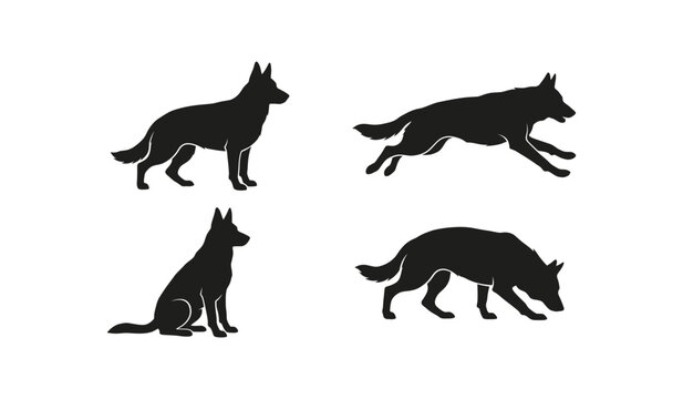 Set of black german shepherd dog silhouettes