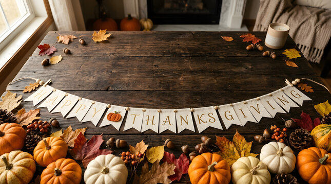 Rustic wooden table decorated with pumpkins autumn leaves and a happy thanksgiving banner creating a beautiful festive thanksgiving background for seasonal holiday photography