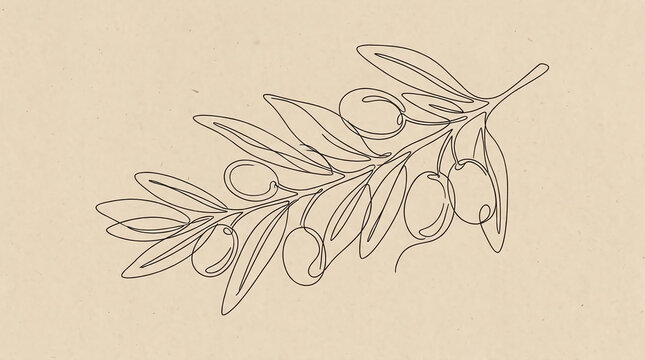 Minimalist one line drawing of olive branch with fruit.