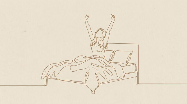 Person waking up and stretching in bed line art.