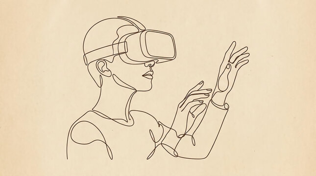Person wearing virtual reality headset line art technology.