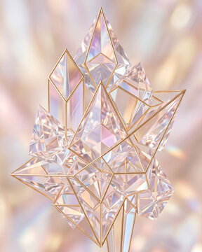 Geometric crystal structures with gold wireframes, soft ethereal pastel background.