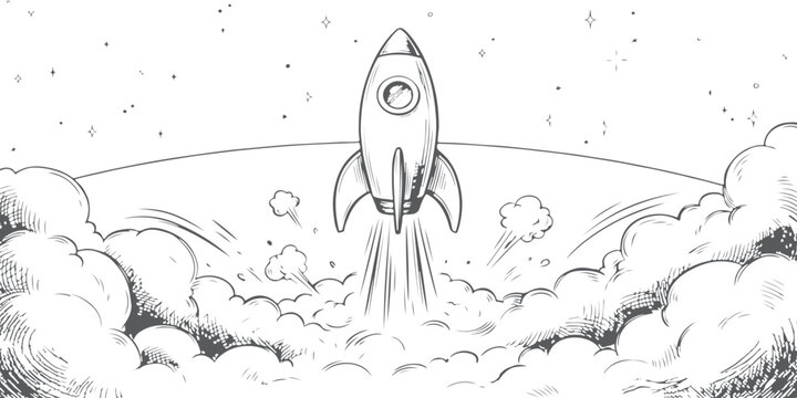 Hand drawn sketch of a space rocket launching into the night sky with clouds and stars