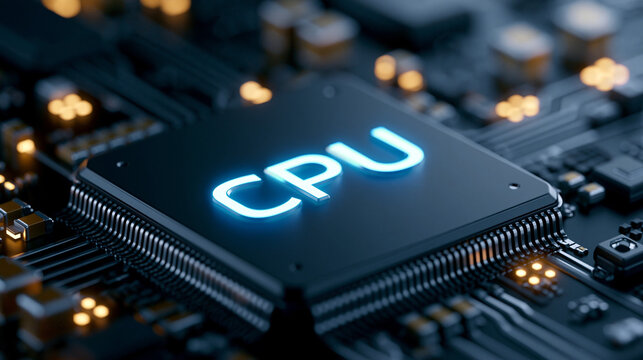 Leuchtender CPU-Prozessorchip liegt zentral auf beleuchteter Platine