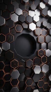 3D hexagonal frame tech background with copper and gold.