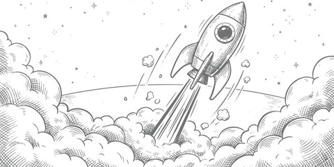 Hand drawn sketch of a rocket ship launching into outer space with clouds of smoke