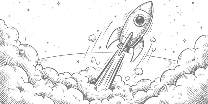 Hand drawn sketch of a rocket ship launching into outer space with clouds of smoke