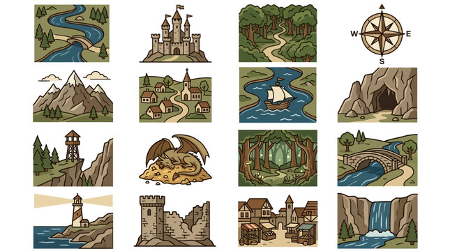 Detailed fantasy adventure map illustration elements.