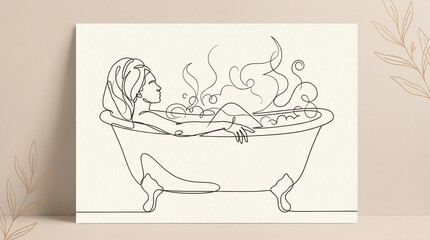 Naklejka premium Woman relaxing in hot bathtub line art on framed wall mockup.
