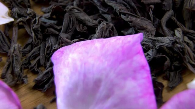 Fresh Pink Rose odorata Petals with Dried Tea Leaves Rotating, Close Up