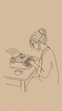 Woman typing on vintage typewriter desk line art drawing