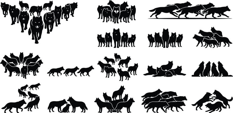 wolf pack silhouette set, wild predator group vector shapes, running howling animals, wilderness fauna collection for logo design artwork
