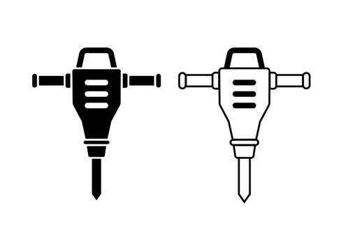 Minimal jackhammer icons set, outline and soild. Representing demolition, construction and heavy equipment. Engineering