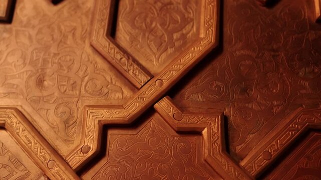 Ornate Geometric Wood Carving With Islamic Star Pattern and Intricate Arabesque Details