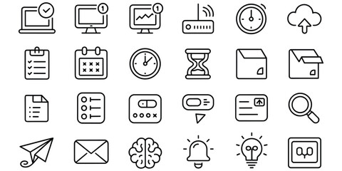 Fototapeta premium Collection of outline icons for technology, business, and office with transparent background