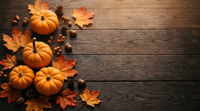 Rustic thanksgiving background featuring orange pumpkins and colorful autumn leaves arranged on a dark wooden table surface for a festive seasonal holiday display