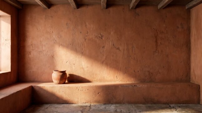 Rustic terracotta adobe wall interior with built-in bench and dramatic sunlight shadow