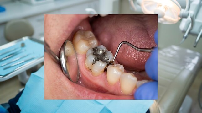 Dentist examining a tooth with a metal filling using a dental probe and mirror.