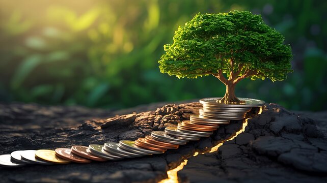 Green tree growing on stacked coins representing sustainable financial growth and investment