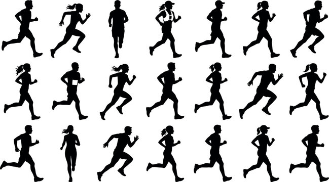 Running people silhouettes collection showing diverse men and women jogging