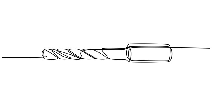 Continuous line drawing of a metal drill bit, minimalist industrial tool vector illustration, single line art of a spiral boring bit for construction