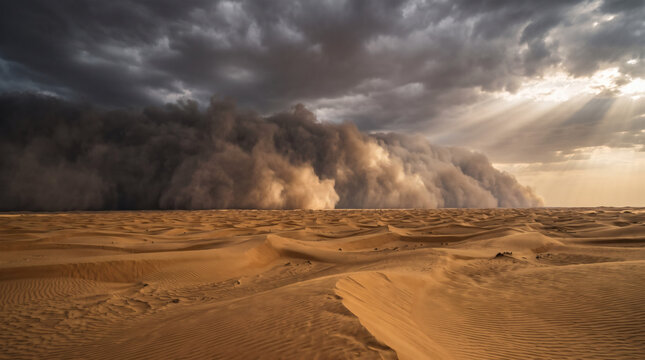 Enormous sandstorm rolling across endless golden desert dunes with dramatic clouds